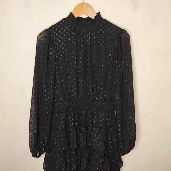 Express Black Chiffon Tiered Mini Dress Long Sheer Sleeve - Picture 3 of 13